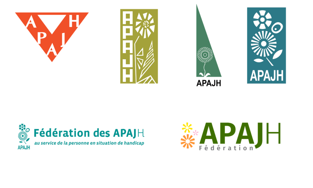 Les 6 logos de l'APAJH depuis sa création, d'abord un triangle rouge, puis le logo est devenu vert, en mettant en avant une marguerite de la différence.
